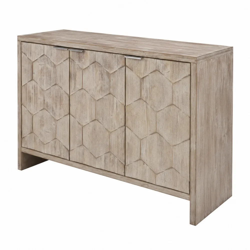 Buffet rectangulaire en bois massif motifs hexagonaux 3 portes