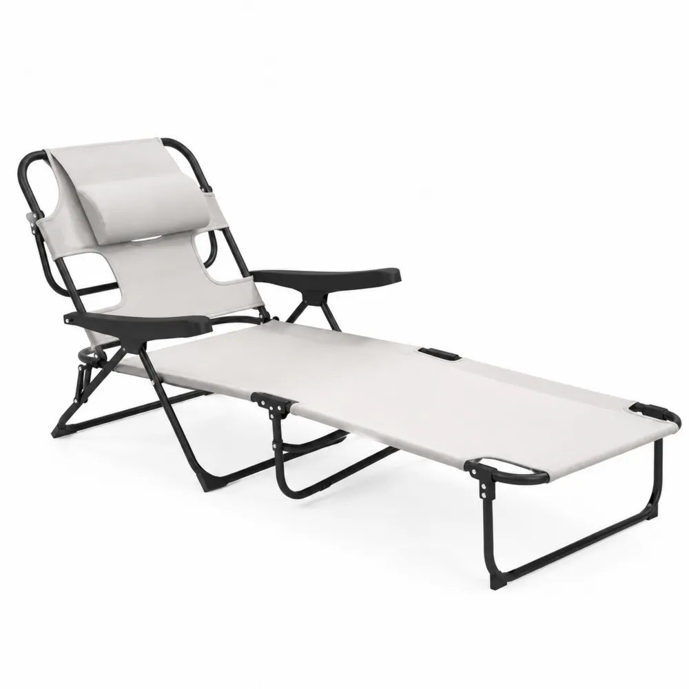 Chaise longue pliable extérieure réglable en acier et tissu Beige