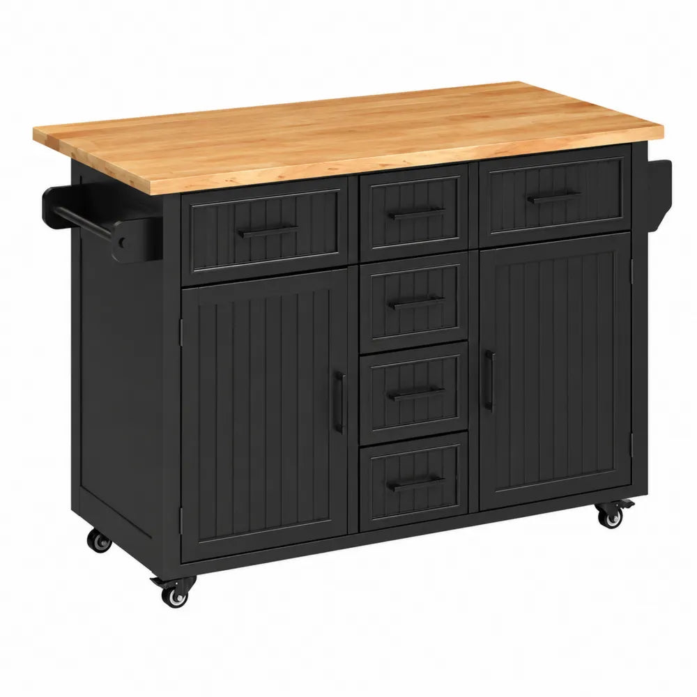 Îlot de Cuisine à Roulettes Noir avec Plateau en Bois