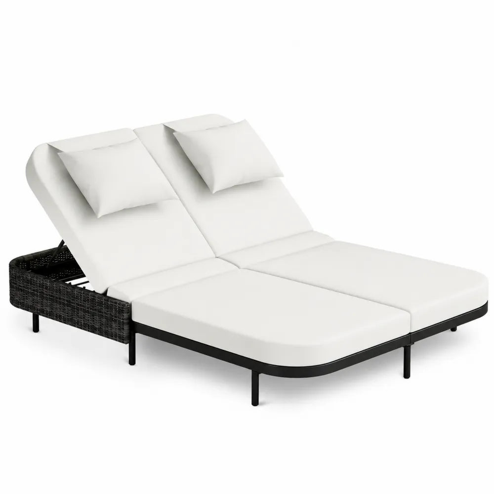 Chaise longue double en osier et textile Blanc