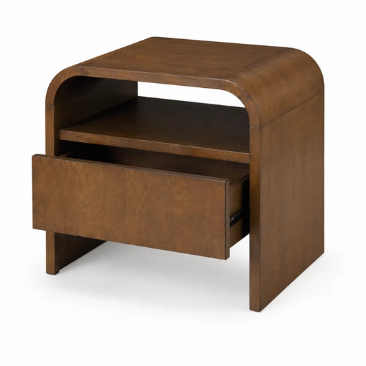 Table de chevet en bois avec tiroir et étagère ouverte en noyer