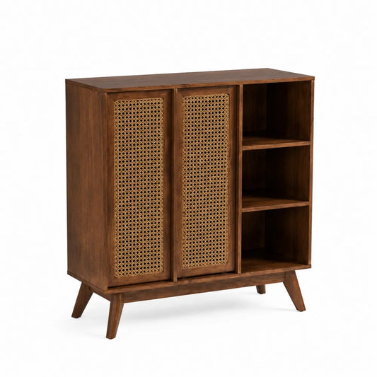 Buffet en bois avec portes en rotin tressé 90x35x110 cm