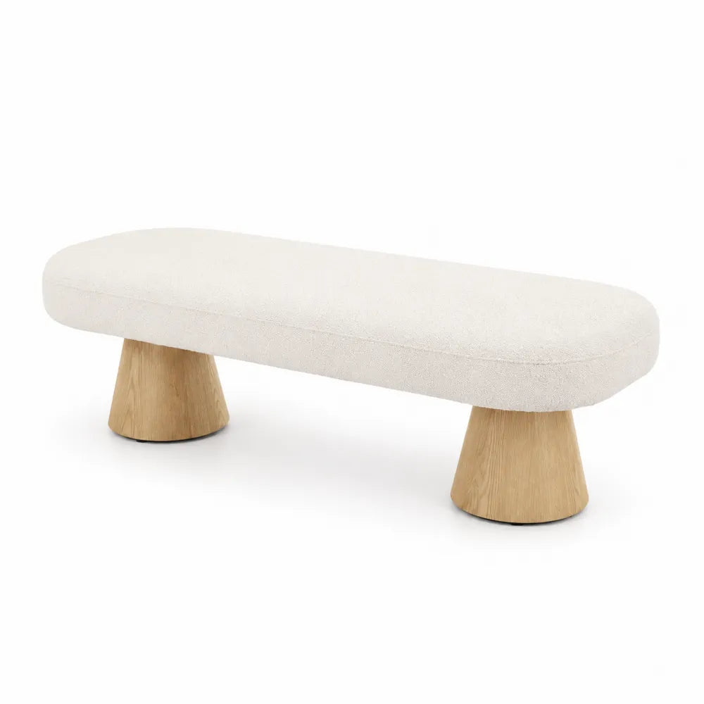 Banc rectangulaire en tissu Crème avec pieds en bois de chêne