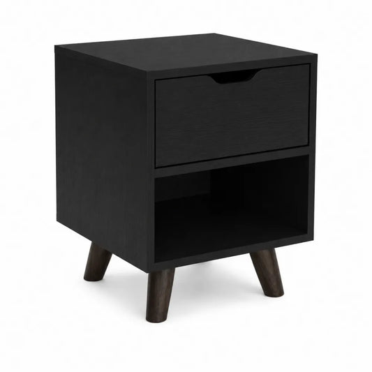 Table de chevet en bois noir avec tiroir et étagère