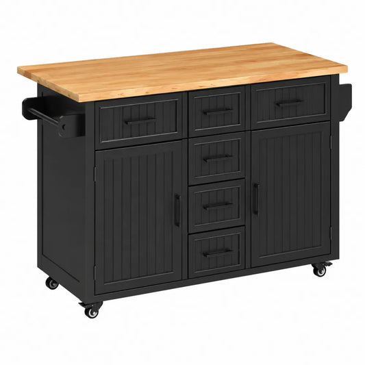 Îlot de Cuisine à Roulettes Noir avec Plateau en Bois