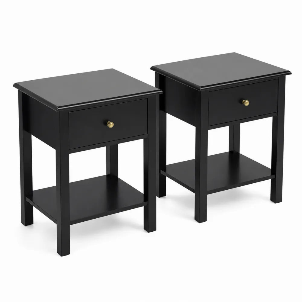Lot de 2 tables de chevet en bois noir avec tiroir et étagère