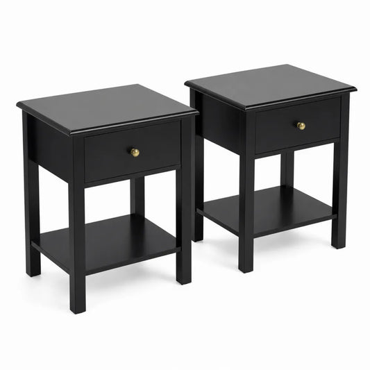 Lot de 2 tables de chevet en bois noir avec tiroir et étagère