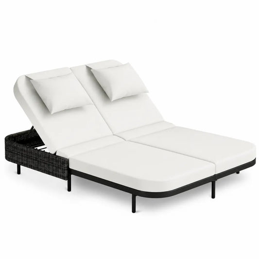 Chaise longue double en osier et textile Blanc
