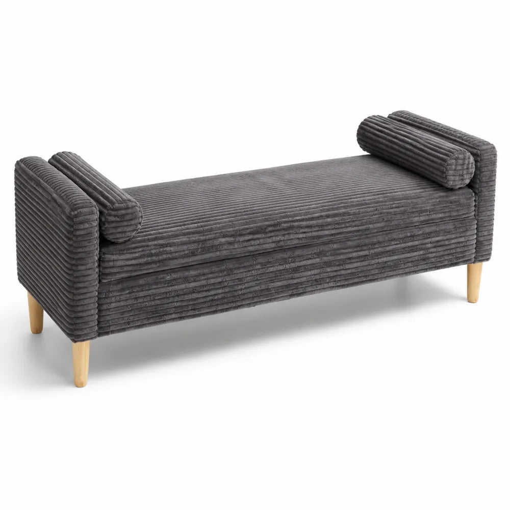 Banc en velours côtelé gris avec pieds en bois massif