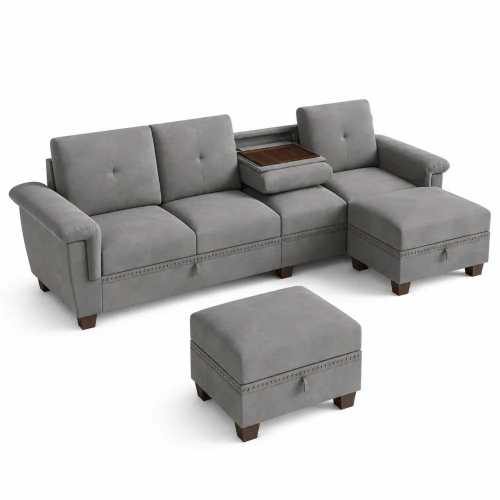 Canapé d'angle en tissu avec repose-pieds et rangement